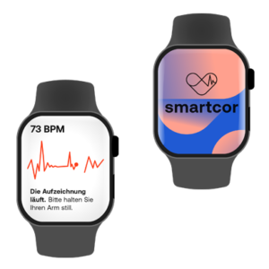 Eine Smartwatch zeigt eine EKG-Aufzeichnung und eine Smartwatch zeigt das Logo von smartcor.