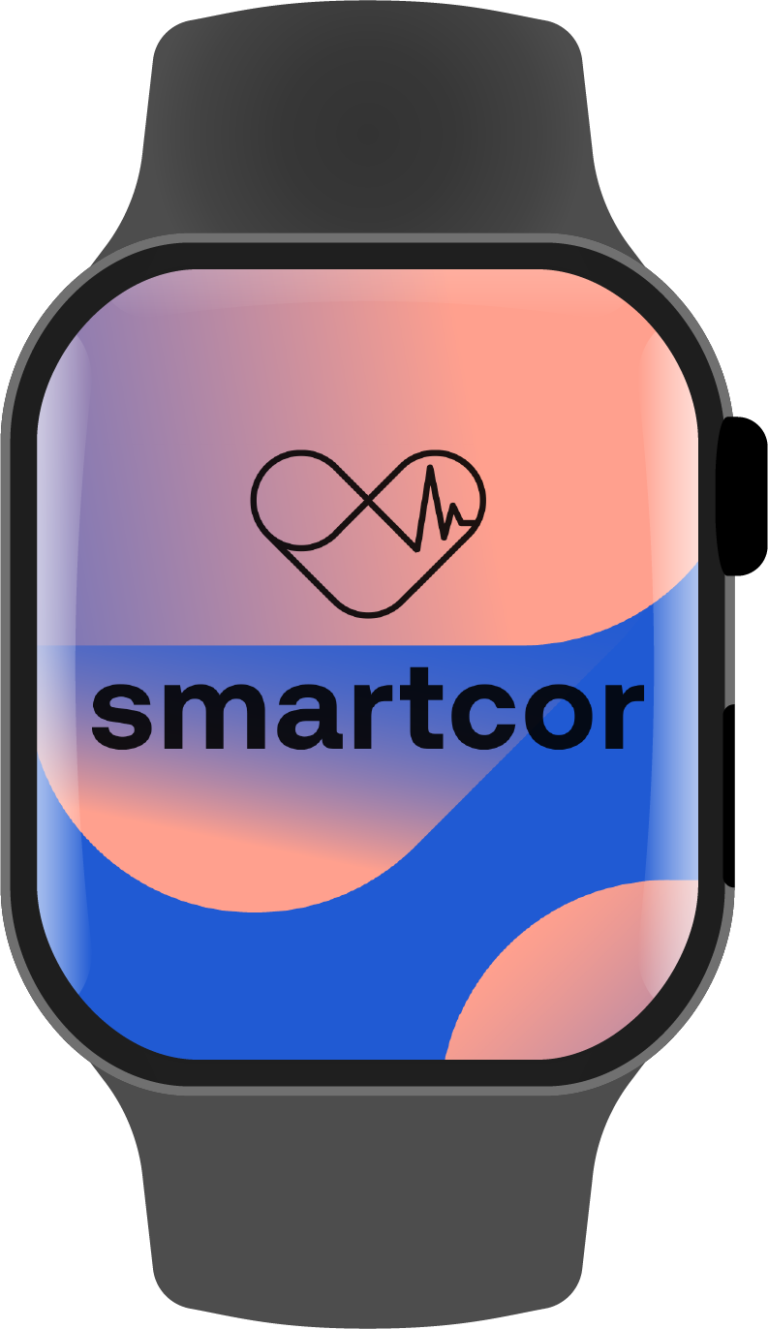 Icon und smartcor-Schriftzug vor einem farbigen Hintergrund auf einem Smartwatch-Display